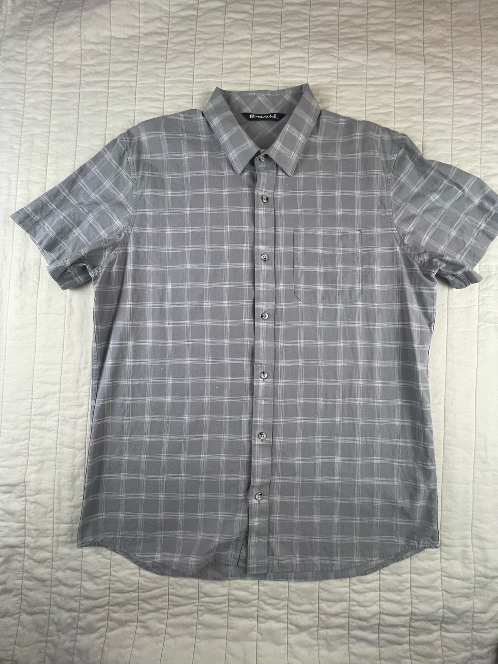Travis Mathew Gray Plaid Short Sleeve Button-Up Shirt Large